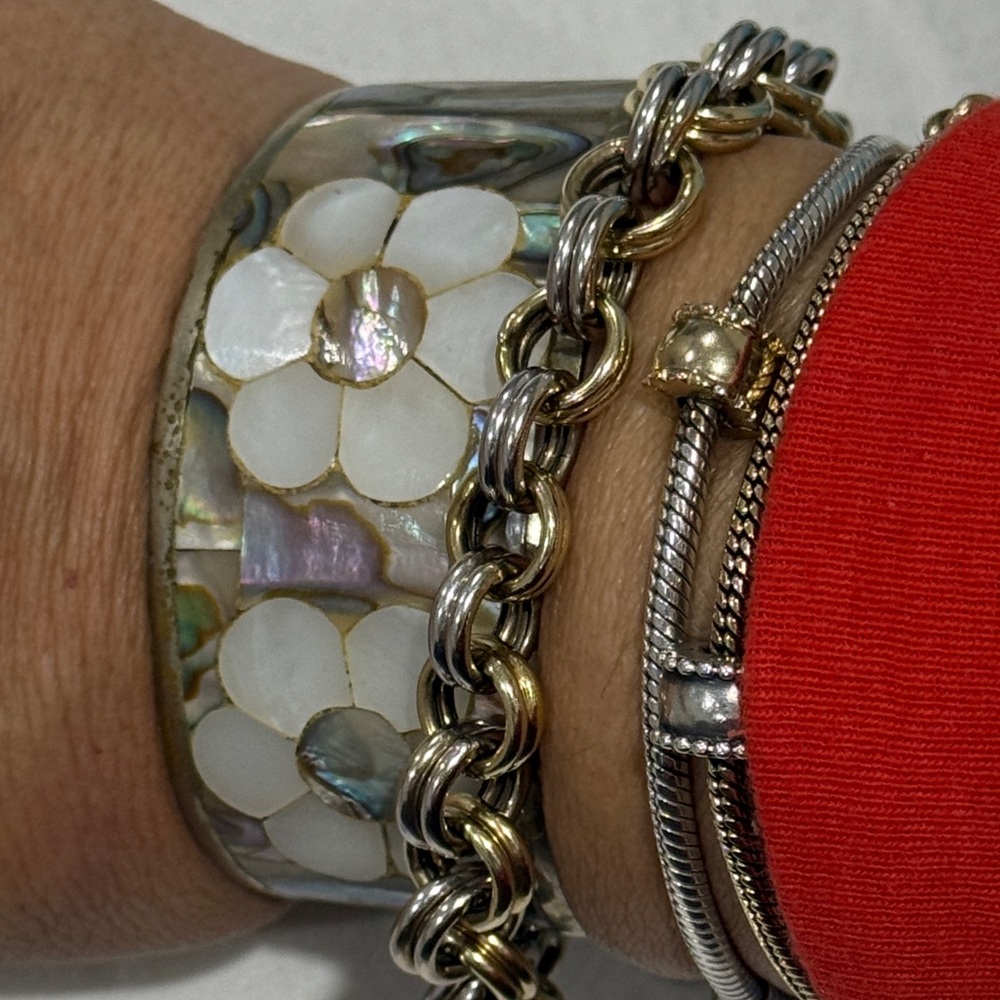 Floral Inlay Mother of Pearl Silver Cuff Bracelet